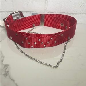 Red Nylon Rhinestone Embellished Adjustable Belt